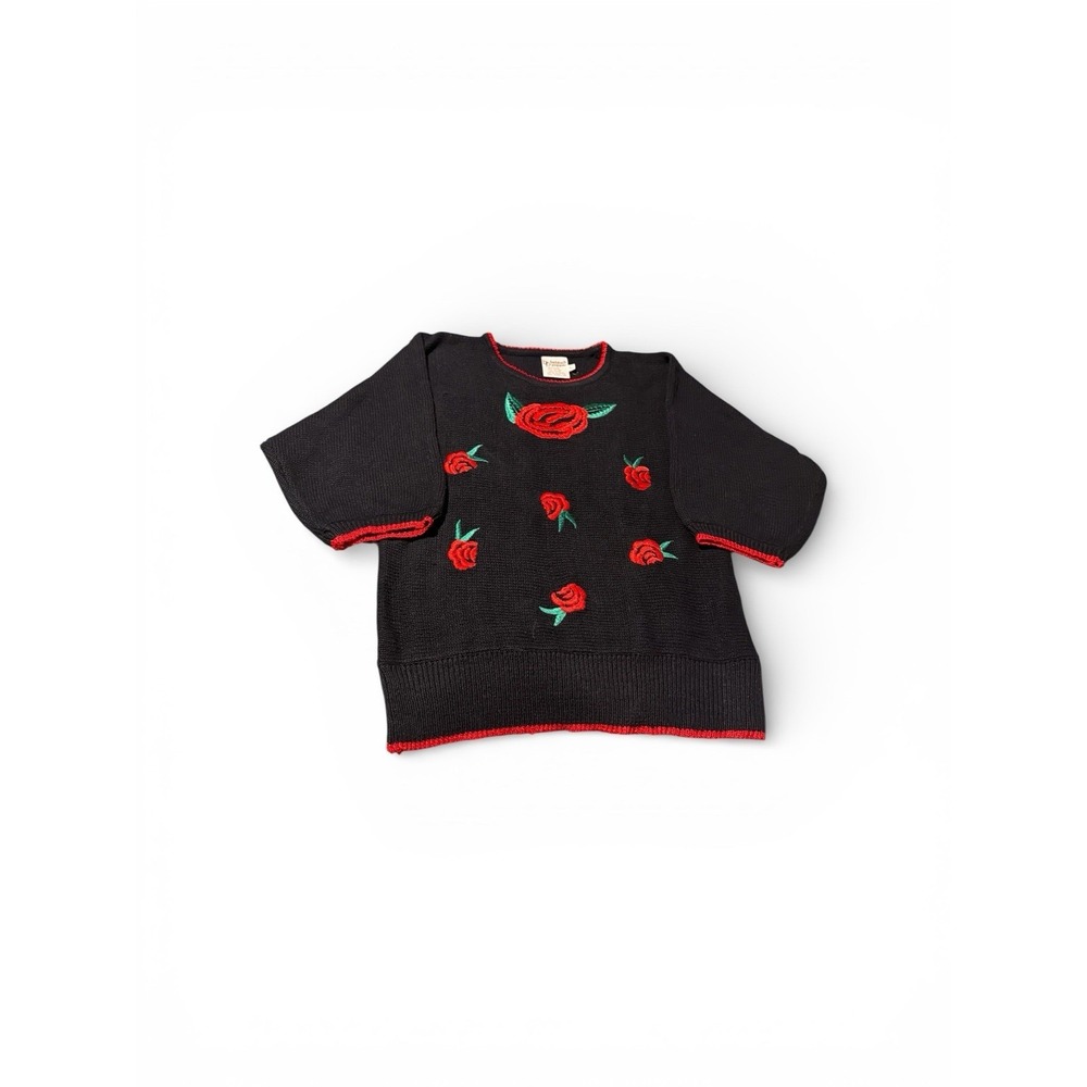 Beldoch Popper Navy Sweater L With  Embroidered Roses Short‎ Sleeve Cottage core